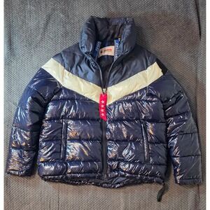 Invicta Shiny Puffer Jacket Navy Blue Cream Colorblock Quilted Funel Neck Mens M